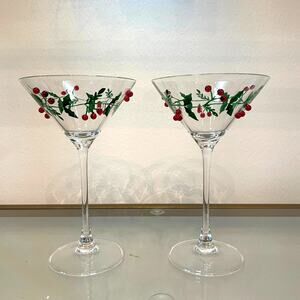 Christmas Martini Glass Set of 2 Hand Painted & Jeweled Holiday Holly Berry New